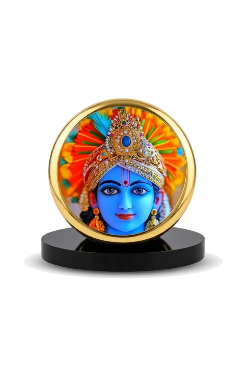 Car Dashboard/Table Top  Lord Krishna Metal Golden Photo Stand  2x2 Inches, Compact & Stylish Spiritual Display For Car, Home & Office (Pack Of 1) (F24758)