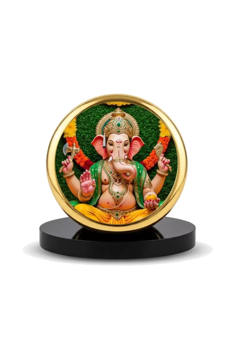 Car Dashboard/Table Top Lord Ganesha Metal Golden Photo Stand  2x2 Inches, Compact & Stylish Spiritual Display For Car, Home & Office (Pack Of 1) (F24768)