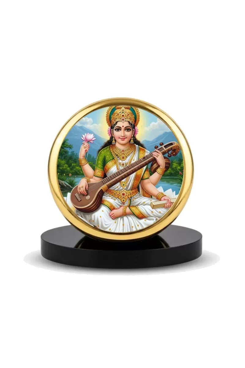 Car Dashboard/Table Top Goddess Saraswati Metal Golden Photo Stand  2x2 Inches, Compact & Stylish Spiritual Display For Car, Home & Office (Pack Of 1) (F24780)