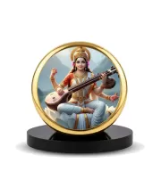 Car Dashboard/Table Top Goddess Saraswati Metal Golden Photo Stand  2x2 Inches, Compact & Stylish Spiritual Display For Car, Home & Office (Pack Of 1) (F24781)