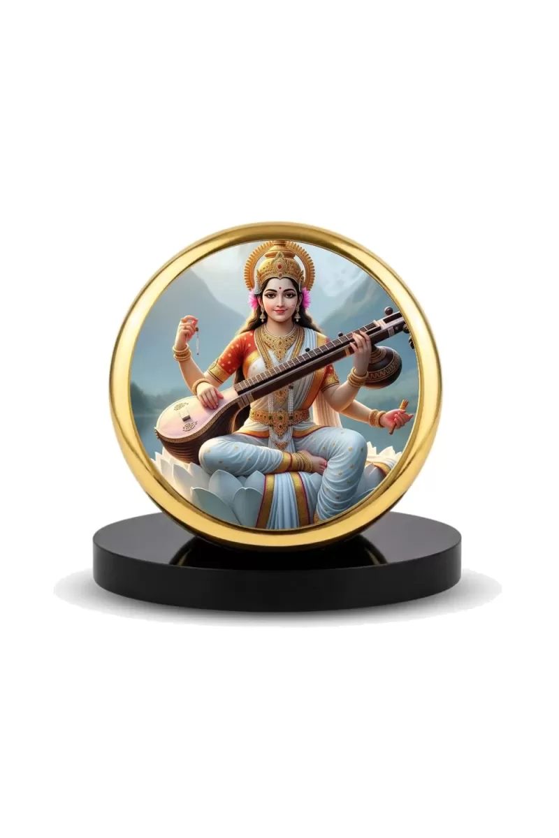 Car Dashboard/Table Top Goddess Saraswati Metal Golden Photo Stand  2x2 Inches, Compact & Stylish Spiritual Display For Car, Home & Office (Pack Of 1) (F24781)
