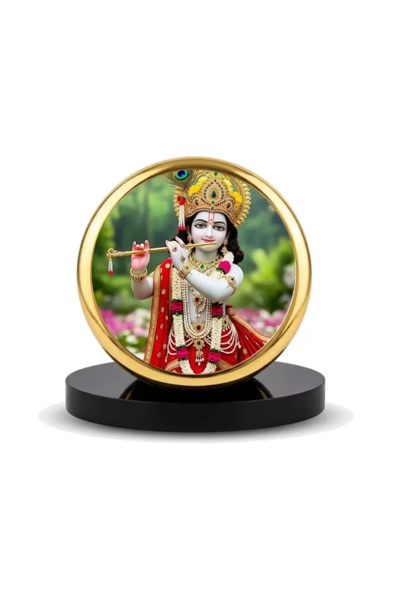 Car Dashboard/Table Top Lord Krishna Metal Golden Photo Stand  2x2 Inches, Compact & Stylish Spiritual Display For Car, Home & Office (Pack Of 1) (F24797)