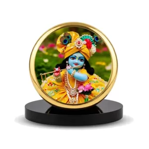 Car Dashboard/Table Top Lord Krishna Metal Golden Photo Stand  2x2 Inches, Compact & Stylish Spiritual Display For Car, Home & Office (Pack Of 1) (F24800)