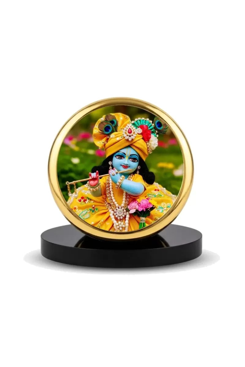 Car Dashboard/Table Top Lord Krishna Metal Golden Photo Stand  2x2 Inches, Compact & Stylish Spiritual Display For Car, Home & Office (Pack Of 1) (F24800)