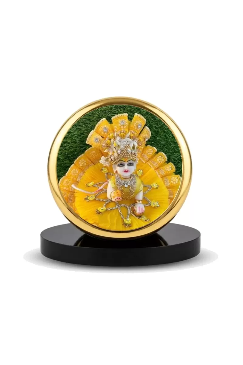 Car Dashboard/Table Top  Laddu Gopal Metal Golden Photo Stand  2x2 Inches, Compact & Stylish Spiritual Display For Car, Home & Office (Pack Of 1) (F24801)