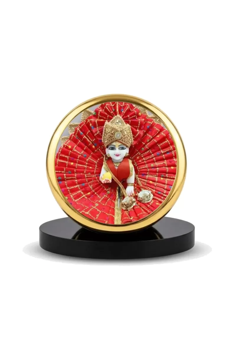 Car Dashboard/Table Top  Laddu Gopal Metal Golden Photo Stand  2x2 Inches, Compact & Stylish Spiritual Display For Car, Home & Office (Pack Of 1) (F24803)