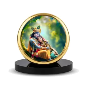 Car Dashboard/Table Top Radha Krishna  Metal Golden Photo Stand  2x2 Inches, Compact & Stylish Spiritual Display For Car, Home & Office (Pack Of 1) (F24809)