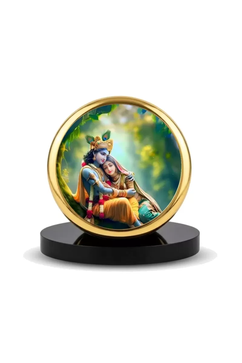 Car Dashboard/Table Top Radha Krishna  Metal Golden Photo Stand  2x2 Inches, Compact & Stylish Spiritual Display For Car, Home & Office (Pack Of 1) (F24809)