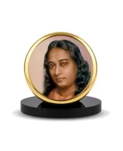 Car Dashboard/Table Top  Paramahansa Yogananda Metal Golden Photo Stand  2x2 Inches, Compact & Stylish Spiritual Display For Car, Home & Office (Pack Of 1) (F24823)