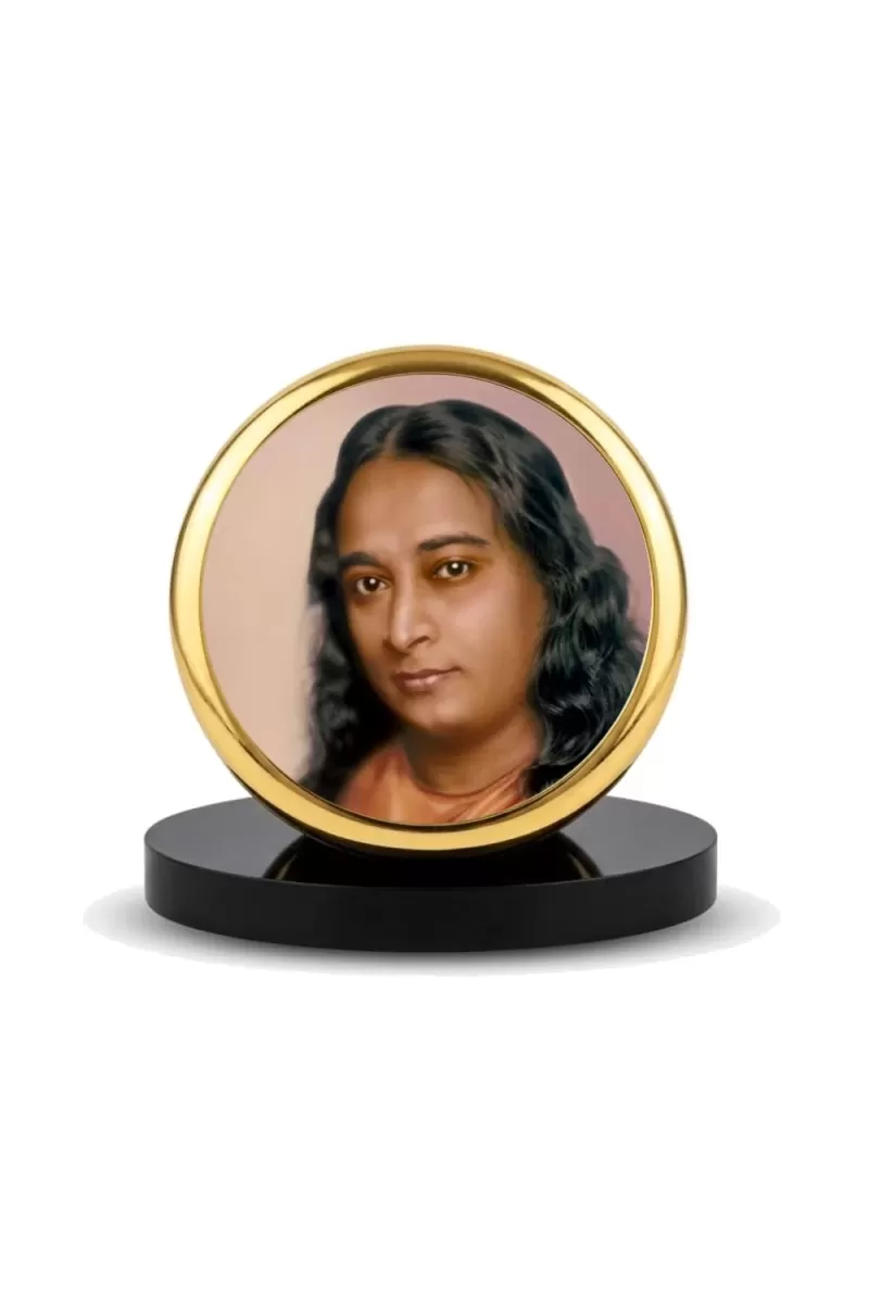 Car Dashboard/Table Top  Paramahansa Yogananda Metal Golden Photo Stand  2x2 Inches, Compact & Stylish Spiritual Display For Car, Home & Office (Pack Of 1) (F24823)
