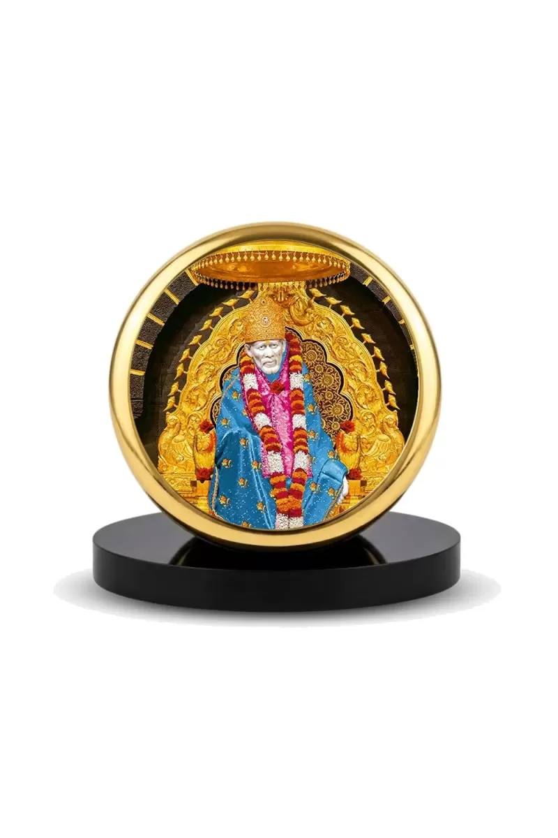 Car Dashboard/Table Top  Shirdi Sai Baba Metal Golden Photo Stand  2x2 Inches, Compact & Stylish Spiritual Display For Car, Home & Office (Pack Of 1) (F24827)