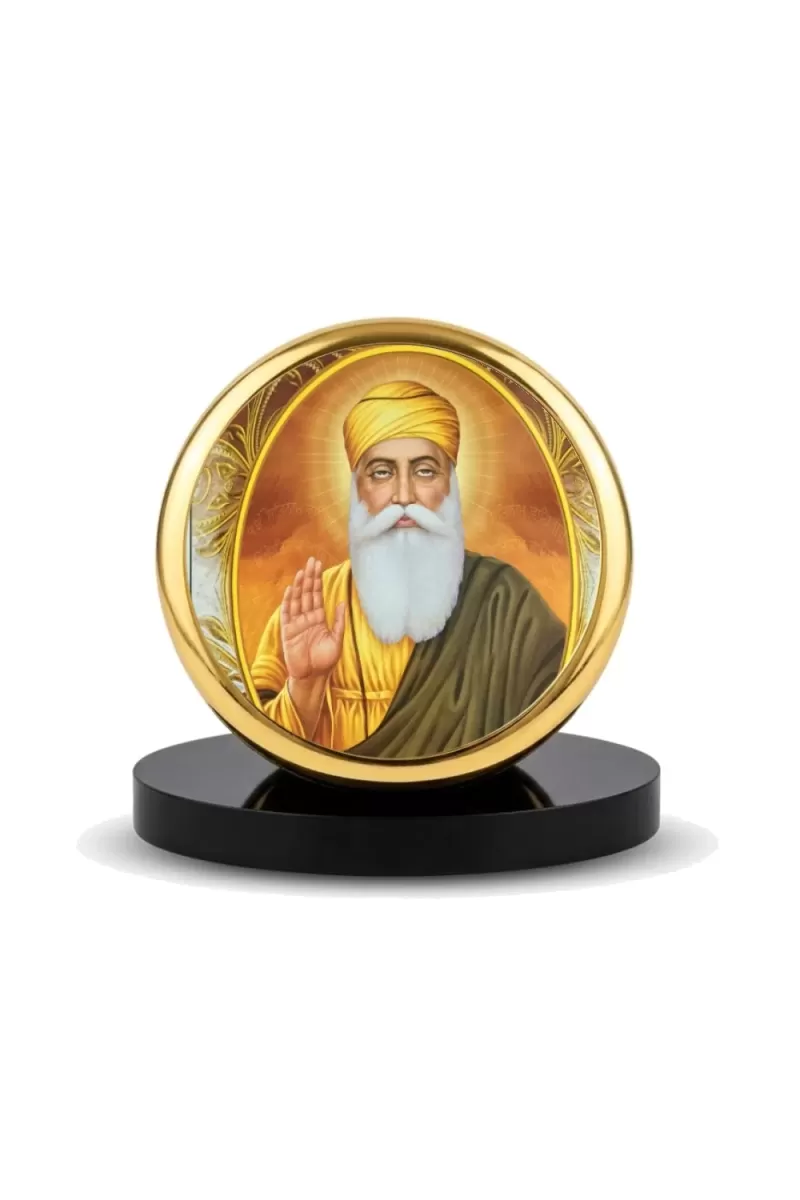 Car Dashboard/Table Top Guru Nanak Dev Ji Metal Golden Photo Stand  2x2 Inches, Compact & Stylish Spiritual Display For Car, Home & Office (Pack Of 1) (F24858)
