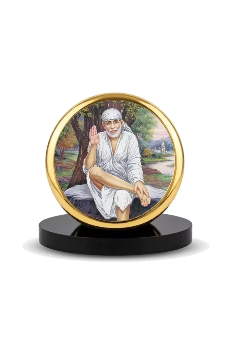 Car Dashboard/Table Top Sai Baba  Metal Golden Photo Stand  2x2 Inches, Compact & Stylish Spiritual Display For Car, Home & Office (Pack Of 1) (F24851)