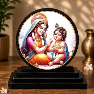 Premium Wooden  Maa Yashoda And Bal Krishna Showpiece For Car Dashboard & Office Table | 4 X 4.5 Inch Sublimation Printed Decorative Stand | 4 Mm MDF | Home Decor | Made In India (F33241)