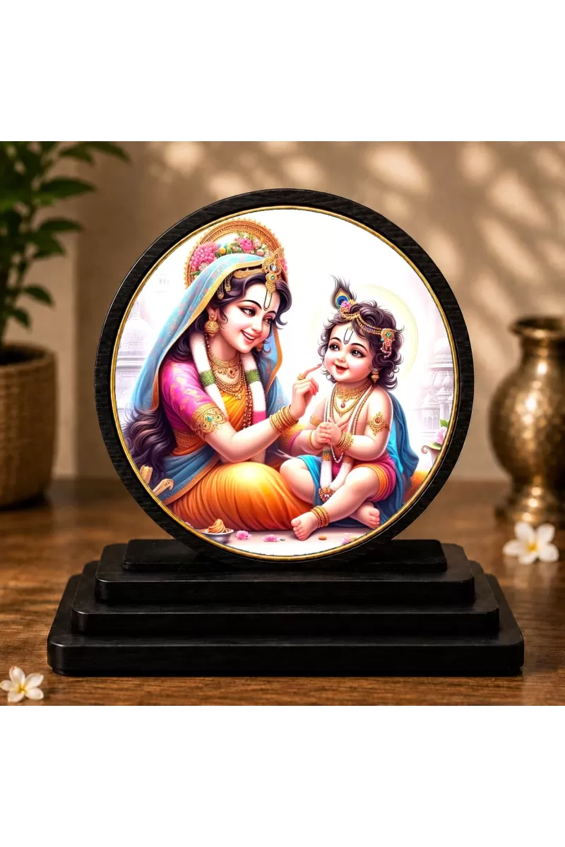 Premium Wooden  Maa Yashoda And Bal Krishna Showpiece For Car Dashboard & Office Table | 4 X 4.5 Inch Sublimation Printed Decorative Stand | 4 Mm MDF | Home Decor | Made In India (F33241)