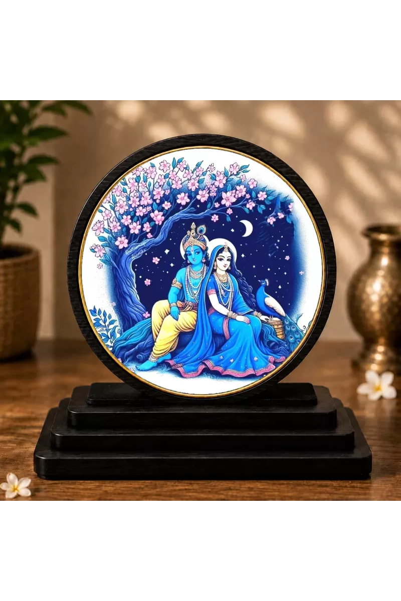 Premium Wooden  Radha Krishna Showpiece For Car Dashboard & Office Table | 4 X 4.5 Inch Sublimation Printed Decorative Stand | 4 Mm MDF | Home Decor | Made In India (F33244)