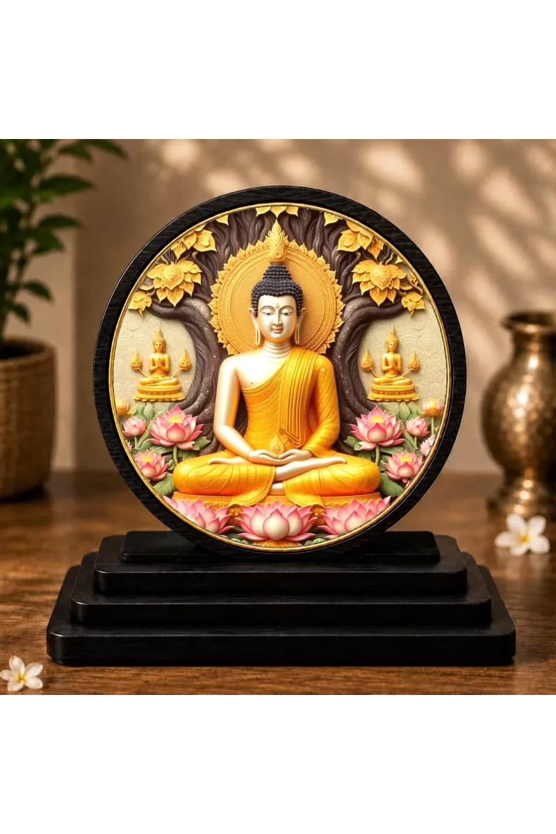 Premium Wooden Gautam Buddha Showpiece For Car Dashboard & Office Table | 4 X 4.5 Inch Sublimation Printed Decorative Stand | 4 Mm MDF | Home Decor | Made In India (F33245)