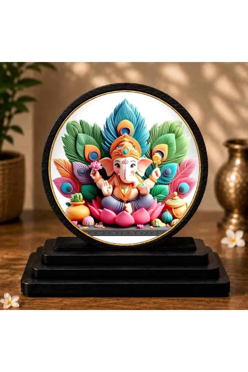 Premium Wooden  Lord Ganesha Showpiece For Car Dashboard & Office Table | 4 X 4.5 Inch Sublimation Printed Decorative Stand | 4 Mm MDF | Home Decor | Made In India (F33247)