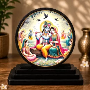 Premium Wooden Radha Krishna Showpiece For Car Dashboard & Office Table | 4 X 4.5 Inch Sublimation Printed Decorative Stand | 4 Mm MDF | Home Decor | Made In India (F33249)