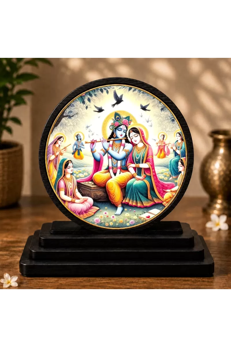 Premium Wooden Radha Krishna Showpiece For Car Dashboard & Office Table | 4 X 4.5 Inch Sublimation Printed Decorative Stand | 4 Mm MDF | Home Decor | Made In India (F33249)