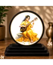 Premium Wooden  Goddess Saraswati  Showpiece For Car Dashboard & Office Table | 4 X 4.5 Inch Sublimation Printed Decorative Stand | 4 Mm MDF | Home Decor | Made In India (F33250)