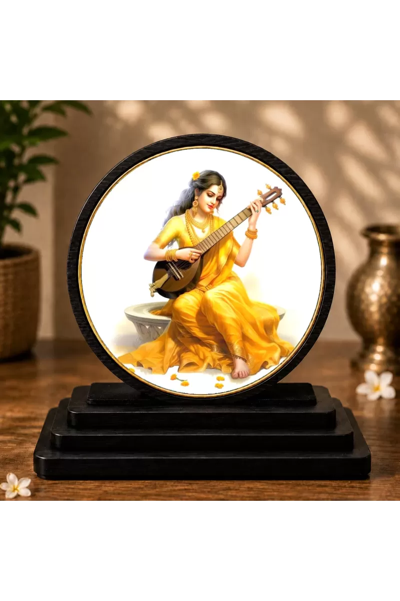 Premium Wooden  Goddess Saraswati  Showpiece For Car Dashboard & Office Table | 4 X 4.5 Inch Sublimation Printed Decorative Stand | 4 Mm MDF | Home Decor | Made In India (F33250)