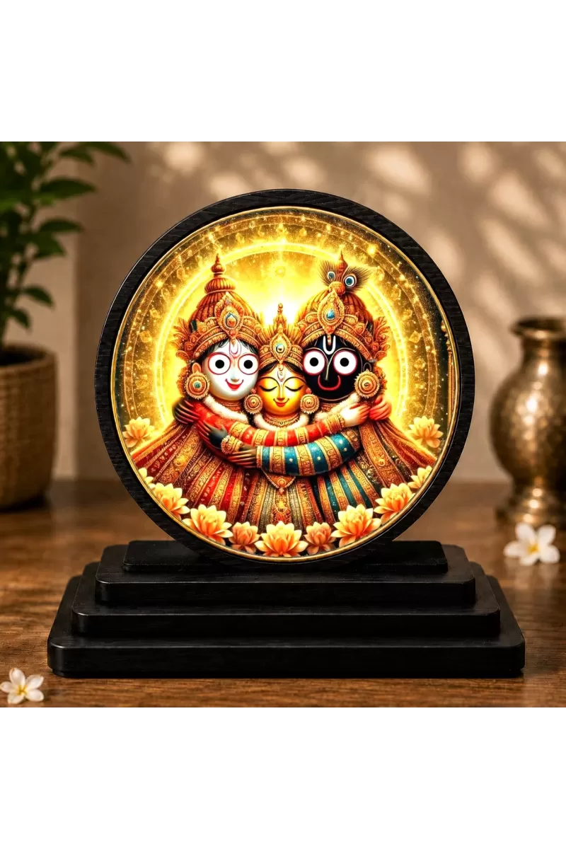 Premium Wooden Lord Jagannath, Balabhadra And Subhadra Showpiece For Car Dashboard & Office Table | 4 X 4.5 Inch Sublimation Printed Decorative Stand | 4 Mm MDF | Home Decor | Made In India (F33252)