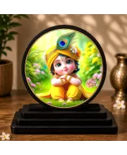 Premium Wooden  Bal Krishna Showpiece For Car Dashboard & Office Table | 4 X 4.5 Inch Sublimation Printed Decorative Stand | 4 Mm MDF | Home Decor | Made In India (F33254)