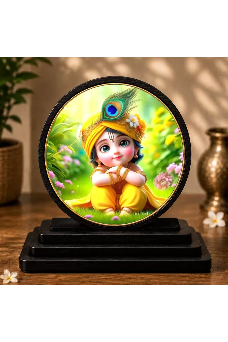 Premium Wooden  Bal Krishna Showpiece For Car Dashboard & Office Table | 4 X 4.5 Inch Sublimation Printed Decorative Stand | 4 Mm MDF | Home Decor | Made In India (F33254)