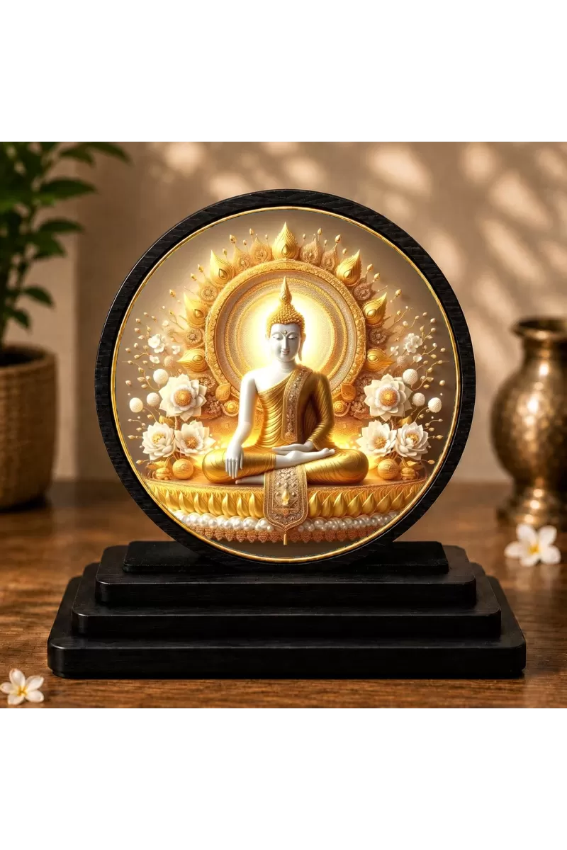Premium Wooden Gautam Buddha Showpiece For Car Dashboard & Office Table | 4 X 4.5 Inch Sublimation Printed Decorative Stand | 4 Mm MDF | Home Decor | Made In India (F33259)