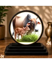 Premium Wooden  Cow And Calf Showpiece For Car Dashboard & Office Table | 4 X 4.5 Inch Sublimation Printed Decorative Stand | 4 Mm MDF | Home Decor | Made In India (F33260)