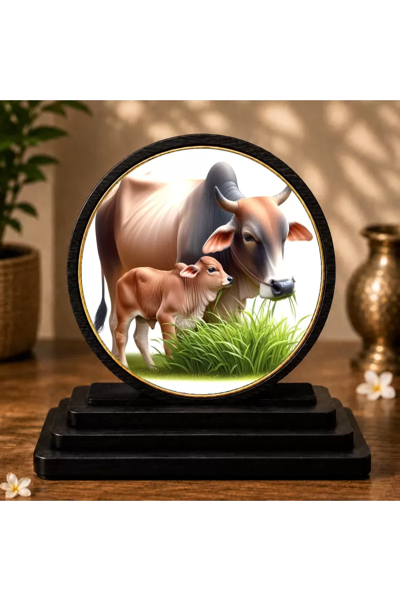 Premium Wooden  Cow And Calf Showpiece For Car Dashboard & Office Table | 4 X 4.5 Inch Sublimation Printed Decorative Stand | 4 Mm MDF | Home Decor | Made In India (F33260)
