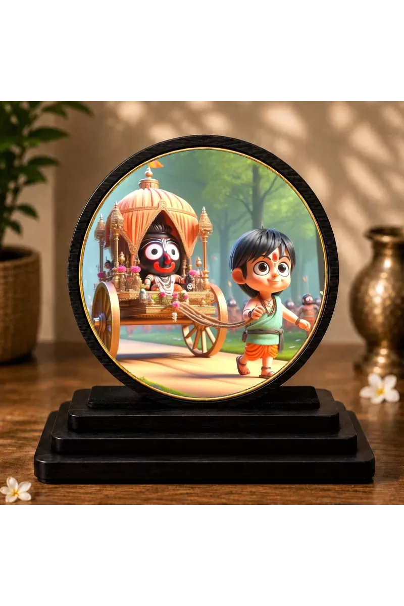 Premium Wooden Lord Jagannath On A Chariot Showpiece For Car Dashboard & Office Table | 4 X 4.5 Inch Sublimation Printed Decorative Stand | 4 Mm MDF | Home Decor | Made In India (F33261)