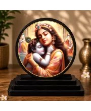 Premium Wooden Bal Krishna With Maa Yashoda Showpiece For Car Dashboard & Office Table | 4 X 4.5 Inch Sublimation Printed Decorative Stand | 4 Mm MDF | Home Decor | Made In India (F33266)