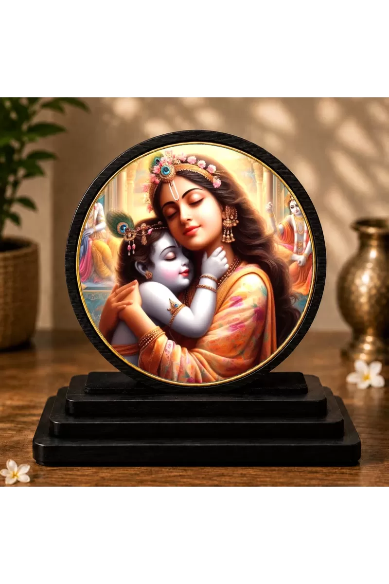 Premium Wooden Bal Krishna With Maa Yashoda Showpiece For Car Dashboard & Office Table | 4 X 4.5 Inch Sublimation Printed Decorative Stand | 4 Mm MDF | Home Decor | Made In India (F33266)