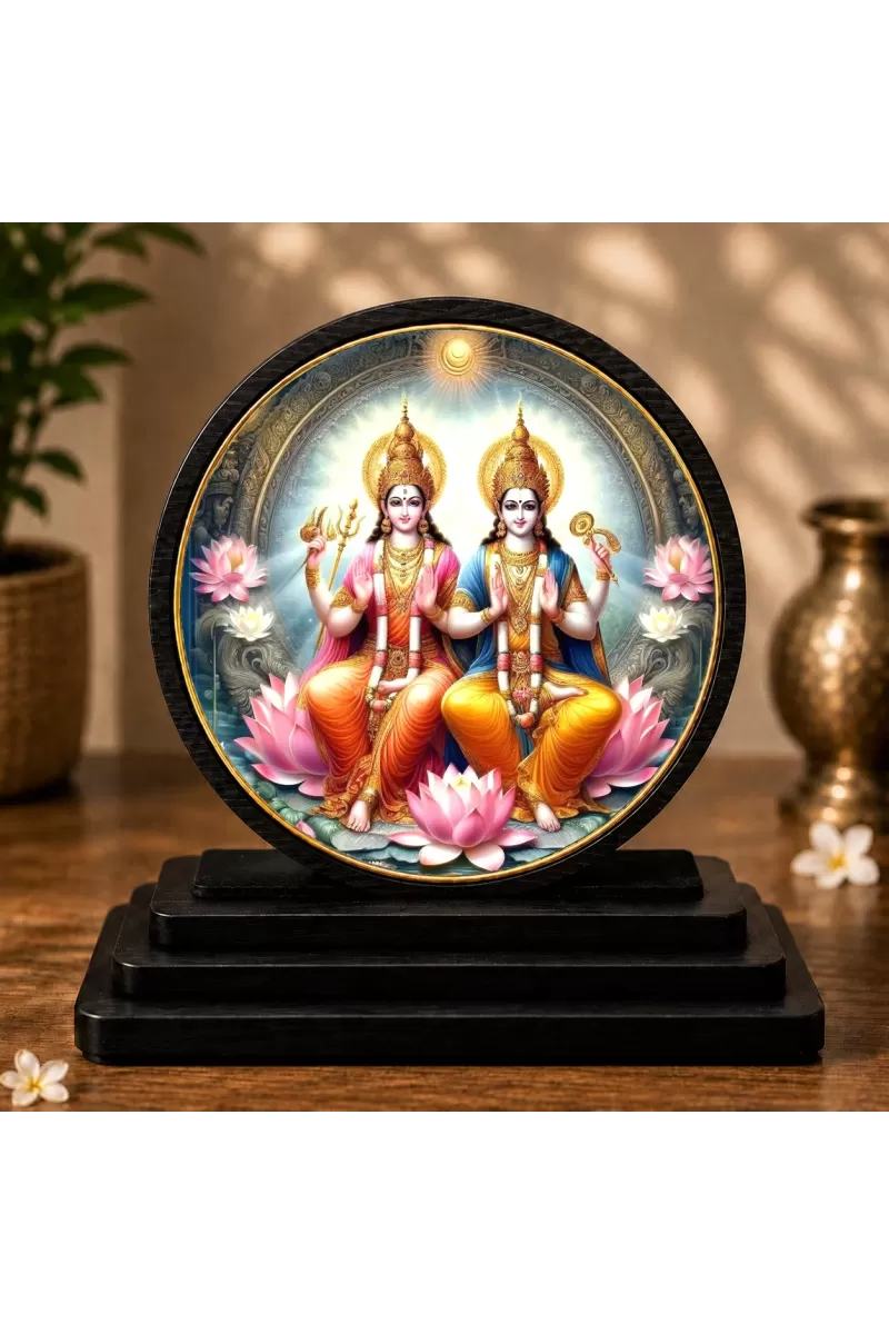 Premium Wooden  Lakshmi Narayan  Showpiece For Car Dashboard & Office Table | 4 X 4.5 Inch Sublimation Printed Decorative Stand | 4 Mm MDF | Home Decor | Made In India (F33267)