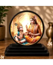 Premium Wooden Bal Krishna With Maa Yashoda Showpiece For Car Dashboard & Office Table | 4 X 4.5 Inch Sublimation Printed Decorative Stand | 4 Mm MDF | Home Decor | Made In India (F33268)