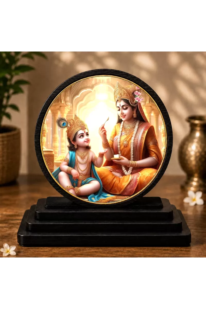 Premium Wooden Bal Krishna With Maa Yashoda Showpiece For Car Dashboard & Office Table | 4 X 4.5 Inch Sublimation Printed Decorative Stand | 4 Mm MDF | Home Decor | Made In India (F33268)