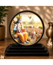 Premium Wooden  Lord Krishna Showpiece For Car Dashboard & Office Table | 4 X 4.5 Inch Sublimation Printed Decorative Stand | 4 Mm MDF | Home Decor | Made In India (F33269)