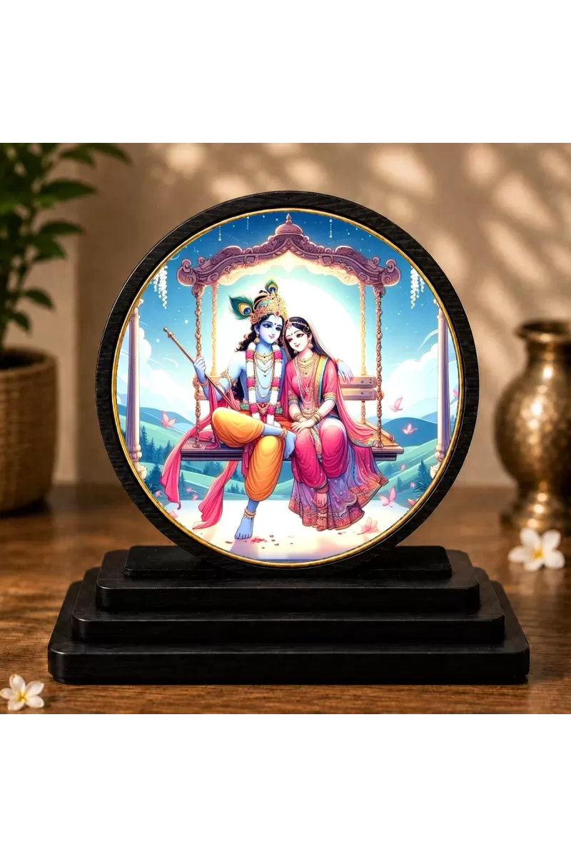 Premium Wooden  Radha Krishna Showpiece For Car Dashboard & Office Table | 4 X 4.5 Inch Sublimation Printed Decorative Stand | 4 Mm MDF | Home Decor | Made In India (F33270)