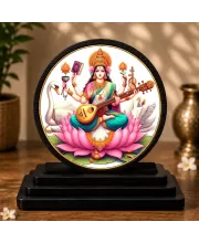 Premium Wooden Goddess Saraswati Showpiece For Car Dashboard & Office Table | 4 X 4.5 Inch Sublimation Printed Decorative Stand | 4 Mm MDF | Home Decor | Made In India (F33272)