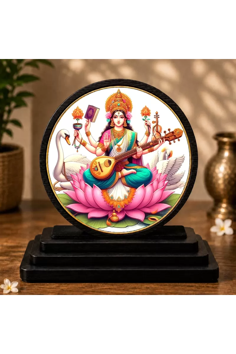 Premium Wooden Goddess Saraswati Showpiece For Car Dashboard & Office Table | 4 X 4.5 Inch Sublimation Printed Decorative Stand | 4 Mm MDF | Home Decor | Made In India (F33272)