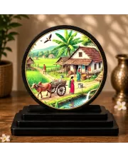 Premium Wooden Village Scenery Showpiece For Car Dashboard & Office Table | 4 X 4.5 Inch Sublimation Printed Decorative Stand | 4 Mm MDF | Home Decor | Made In India (F33273)
