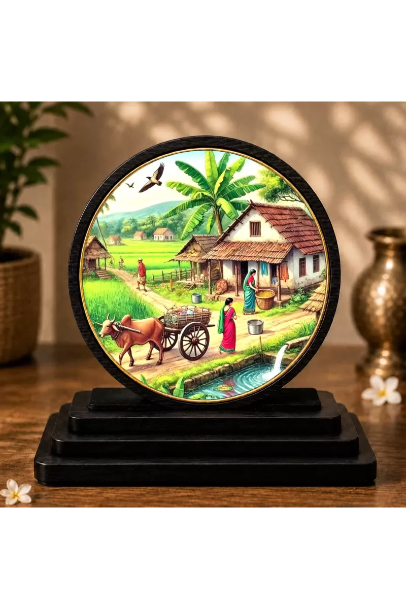 Premium Wooden Village Scenery Showpiece For Car Dashboard & Office Table | 4 X 4.5 Inch Sublimation Printed Decorative Stand | 4 Mm MDF | Home Decor | Made In India (F33273)