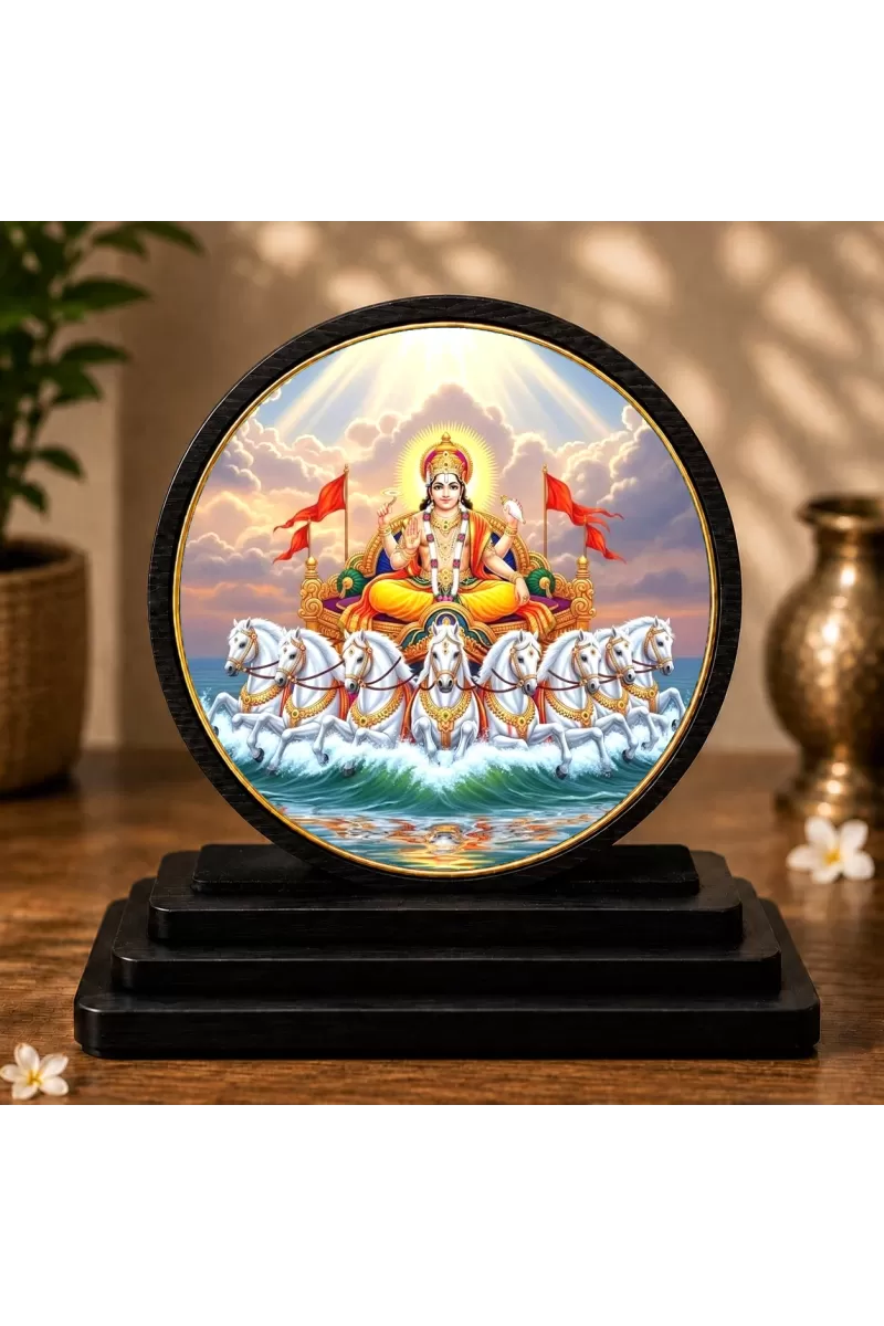 Premium Wooden Lord Surya Dev Showpiece For Car Dashboard & Office Table | 4 X 4.5 Inch Sublimation Printed Decorative Stand | 4 Mm MDF | Home Decor | Made In India (F33274)