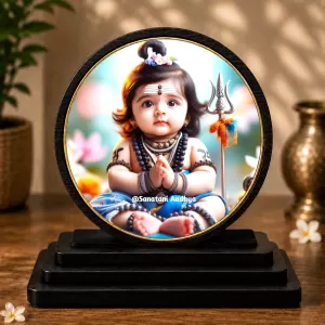 Premium Wooden Baby Shiva Showpiece For Car Dashboard & Office Table | 4 X 4.5 Inch Sublimation Printed Decorative Stand | 4 Mm MDF | Home Decor | Made In India (F33277)