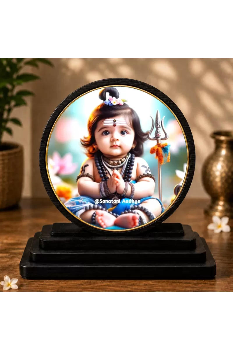 Premium Wooden Baby Shiva Showpiece For Car Dashboard & Office Table | 4 X 4.5 Inch Sublimation Printed Decorative Stand | 4 Mm MDF | Home Decor | Made In India (F33277)