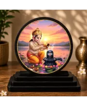 Premium Wooden  Lord Ganesha Worshiping A Shivling Showpiece For Car Dashboard & Office Table | 4 X 4.5 Inch Sublimation Printed Decorative Stand | 4 Mm MDF | Home Decor | Made In India (F33278)