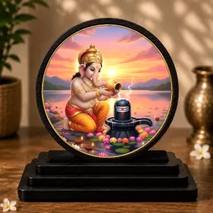 Premium Wooden  Lord Ganesha Worshiping A Shivling Showpiece For Car Dashboard & Office Table | 4 X 4.5 Inch Sublimation Printed Decorative Stand | 4 Mm MDF | Home Decor | Made In India (F33278)