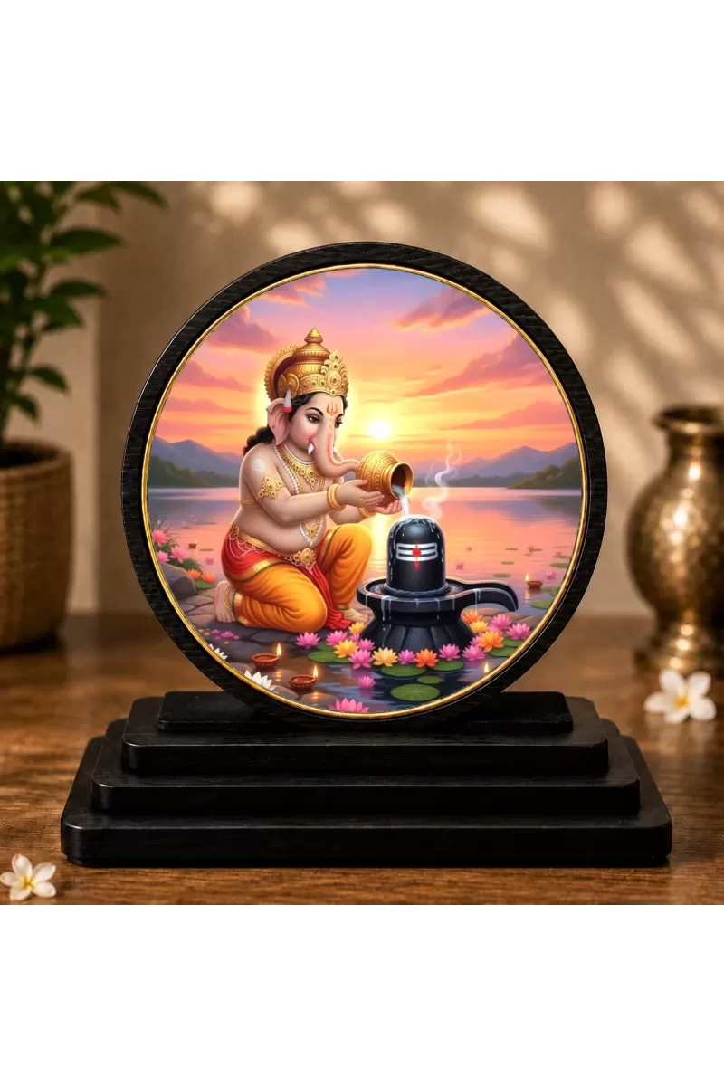 Premium Wooden  Lord Ganesha Worshiping A Shivling Showpiece For Car Dashboard & Office Table | 4 X 4.5 Inch Sublimation Printed Decorative Stand | 4 Mm MDF | Home Decor | Made In India (F33278)